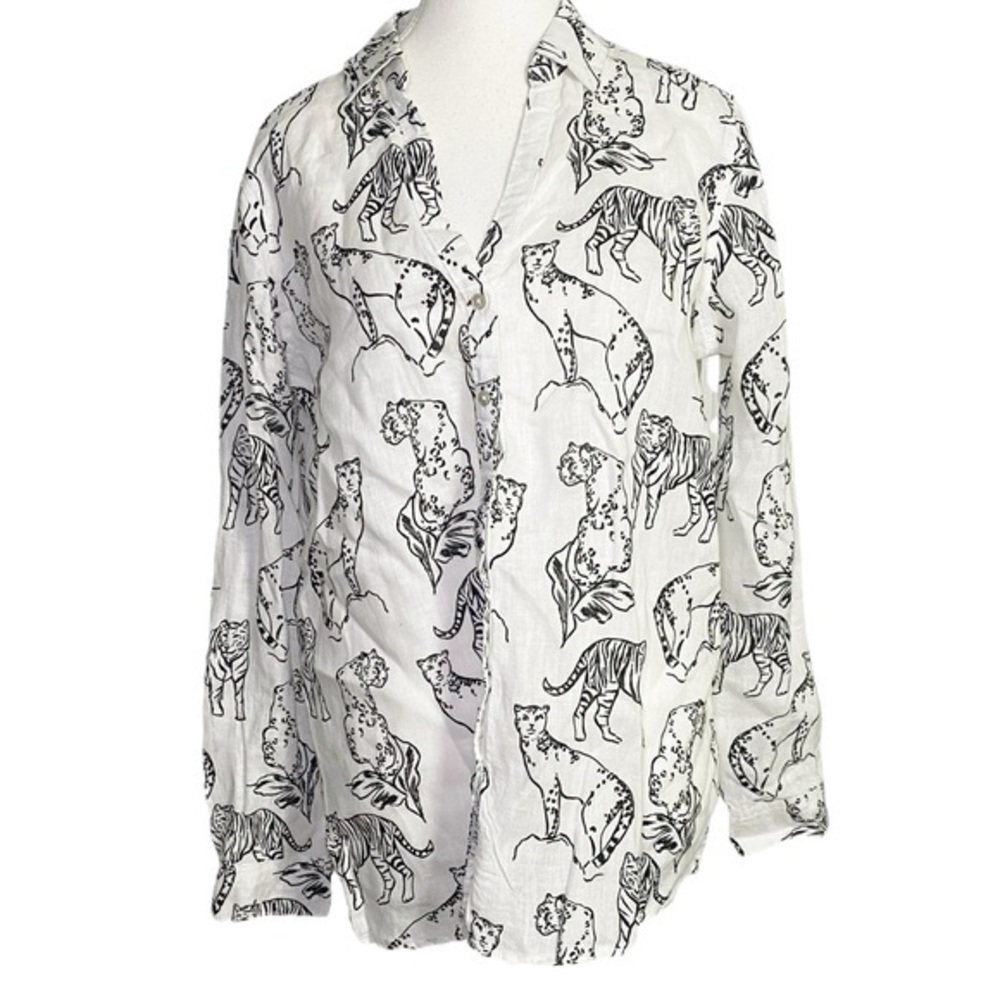 Cynthia Rowley White Button-Down Shirt with Black Leopard & Tiger Print